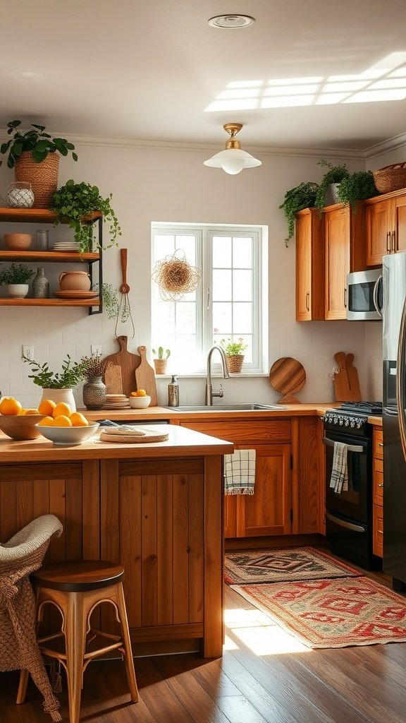Boho farmhouse decor kitchen featuring warm wooden cabinets, green plants, and earthy ceramics.