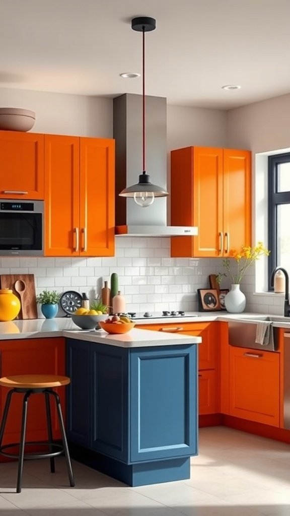 A vibrant U-shaped kitchen with bright orange cabinets and a blue island, showcasing a modern design.