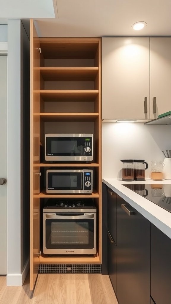 Image of a built-in appliance garage with multiple small appliances stored within a cabinet.