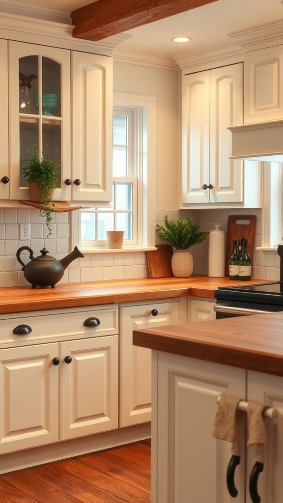 A cozy kitchen featuring classic white cabinets with beveled edges and natural wood countertops.