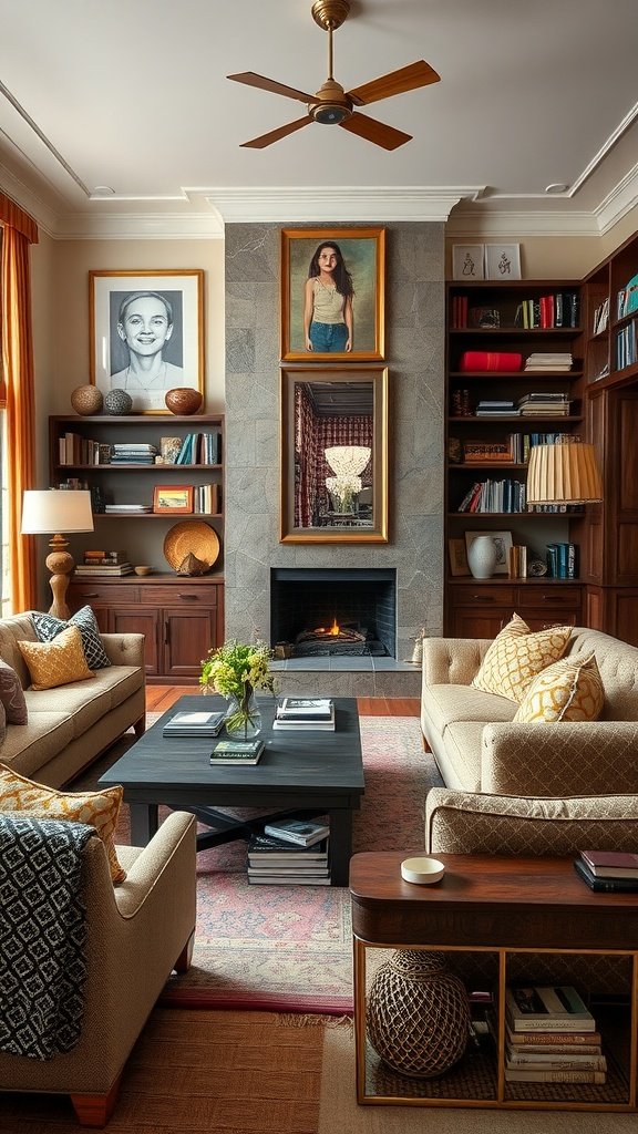 Cozy family room with beige sofas, a stone fireplace, and a gallery wall of portraits.