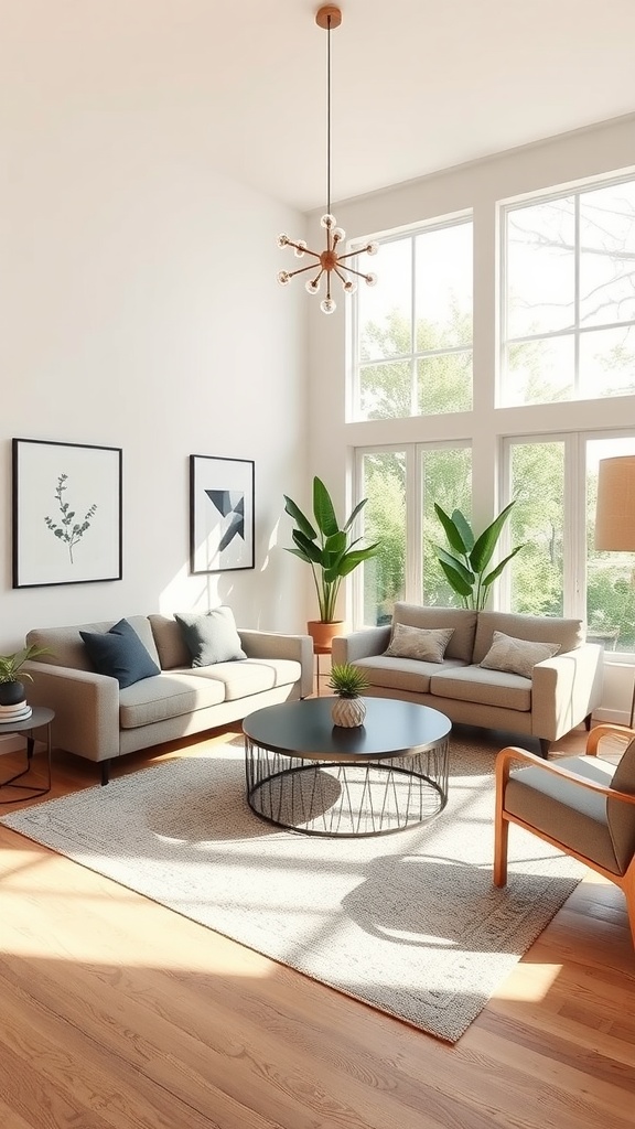 A bright living room with two sofas, a round coffee table, and large windows showcasing greenery outside.