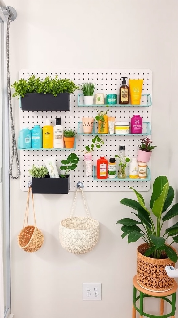 Ikea Skadis pegboard with bathroom products and plants, featuring organized shelves and hanging baskets