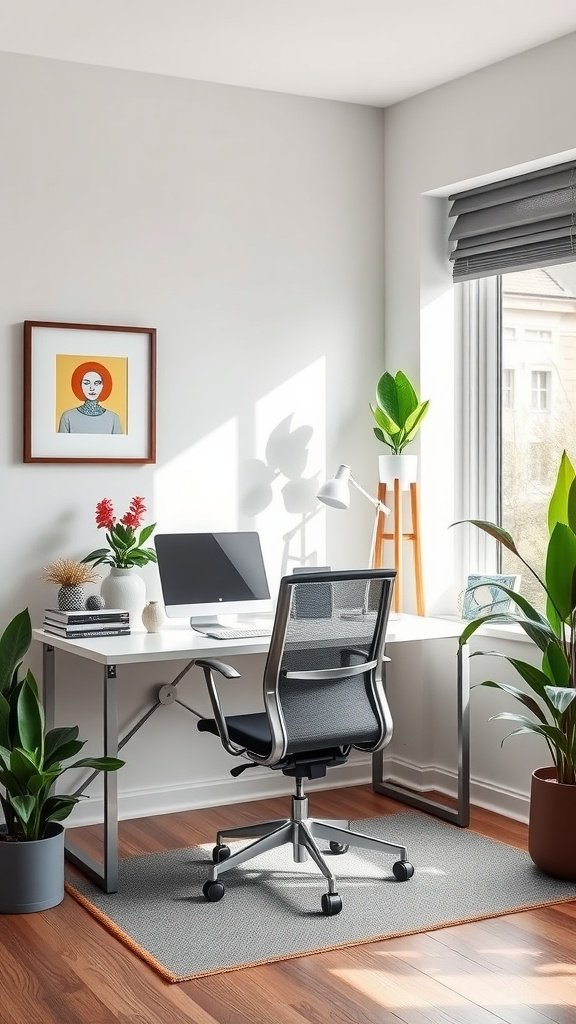 A modern and minimalistic home office with a white desk, black chair, and green plants