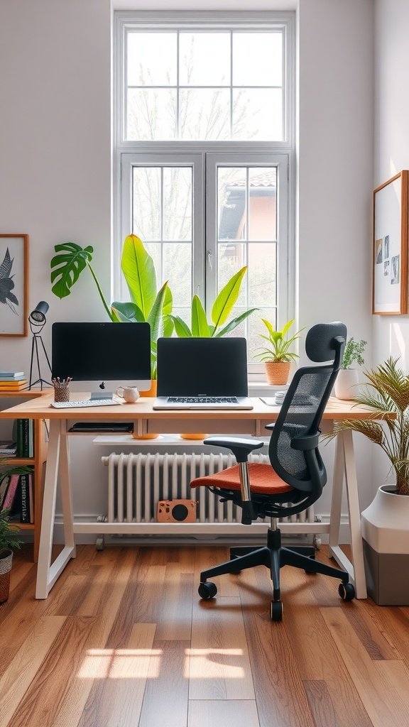 Bright home office with large windows, a wooden desk, dual monitors, a comfortable chair, and plants.