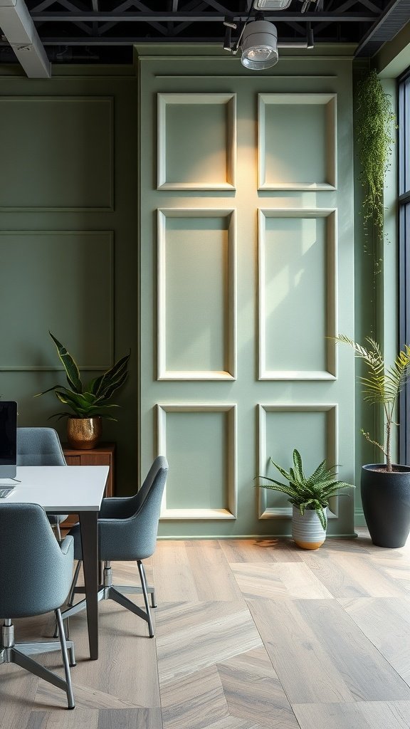 An office space with sage green recessed panels, modern furniture, and plants, creating a stylish and inviting atmosphere.