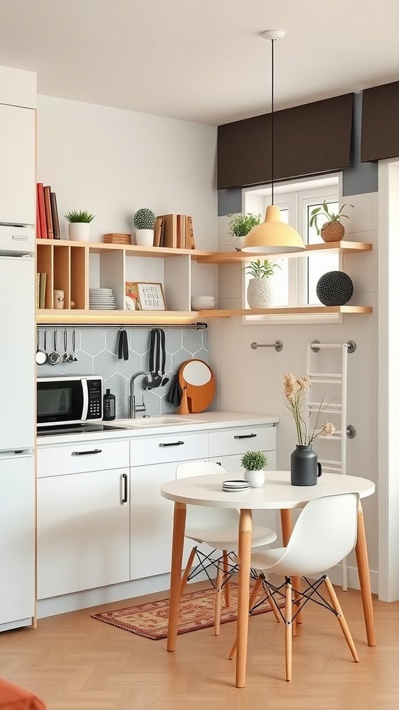 A small apartment kitchen with white cabinets, open shelving, and a circular dining table.