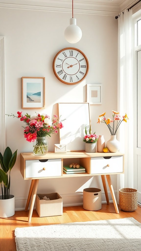 Brightly decorated entry table with flowers, a clock, and decorative items