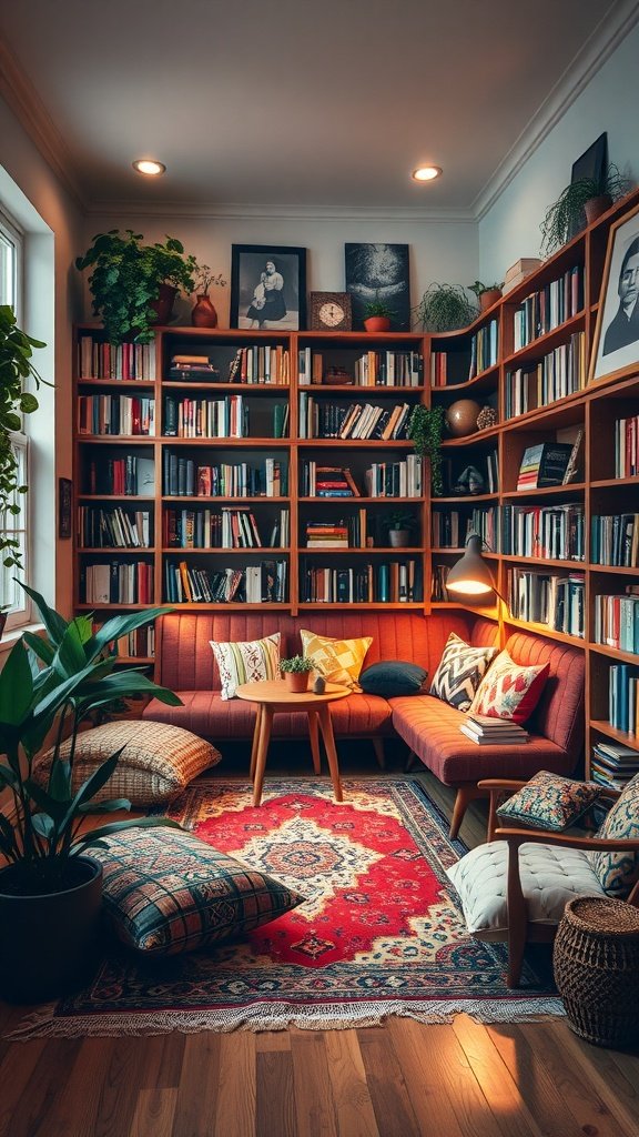 Cozy library room with bookshelves, a sofa, floor cushions, and plants.