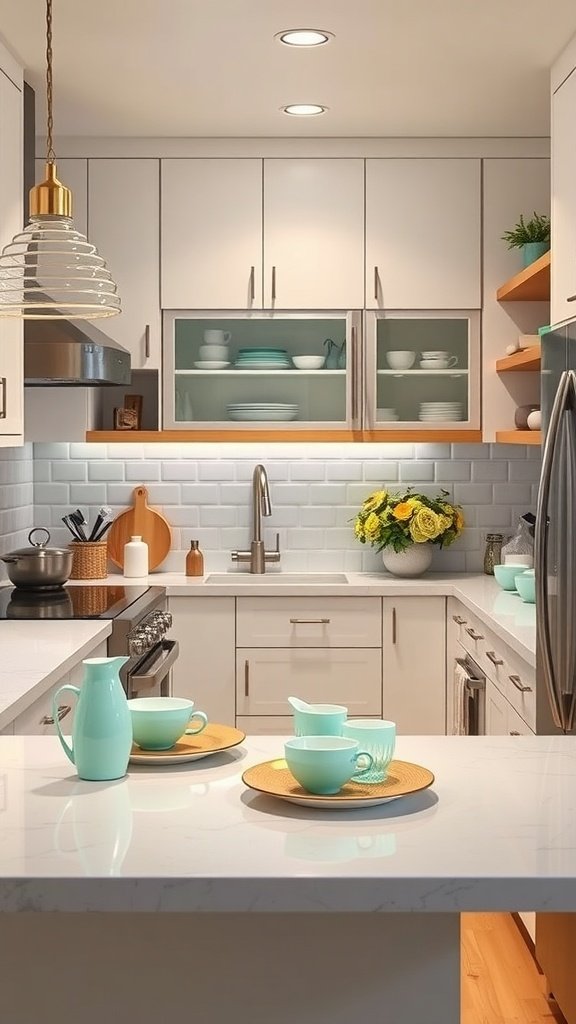 U-shaped kitchen featuring mint colored accents in dishes and decor, bright lighting, and a cozy layout.