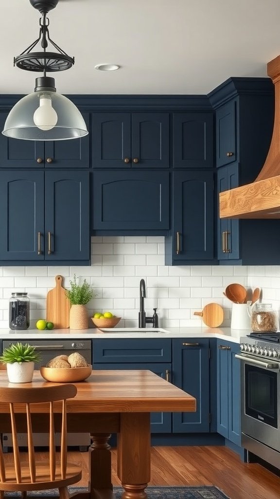 A cozy farmhouse kitchen featuring dark cobalt blue matte cabinets, wooden table, and modern fixtures.