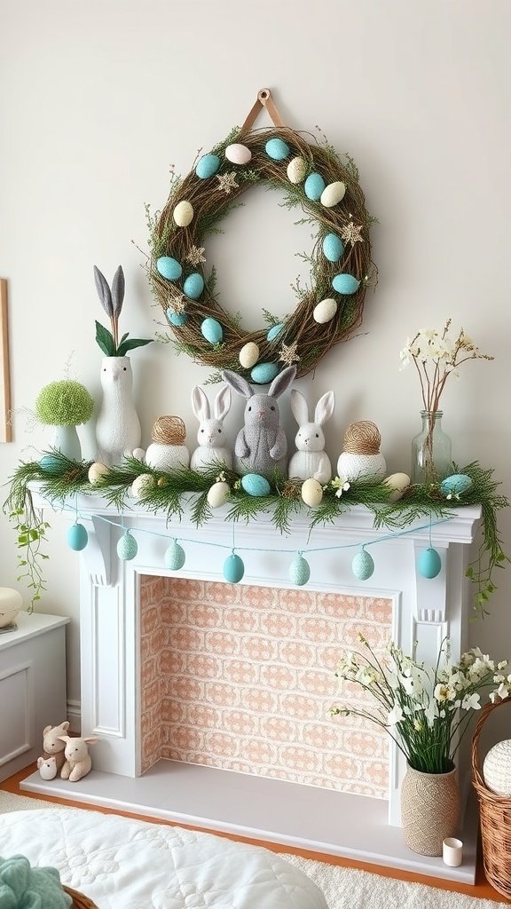 Easter mantle decor featuring a wreath with eggs, bunny figurines, and greenery.
