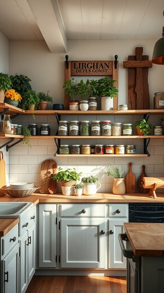 A well-organized farmhouse kitchen with open shelving, jars of herbs, and fresh plants