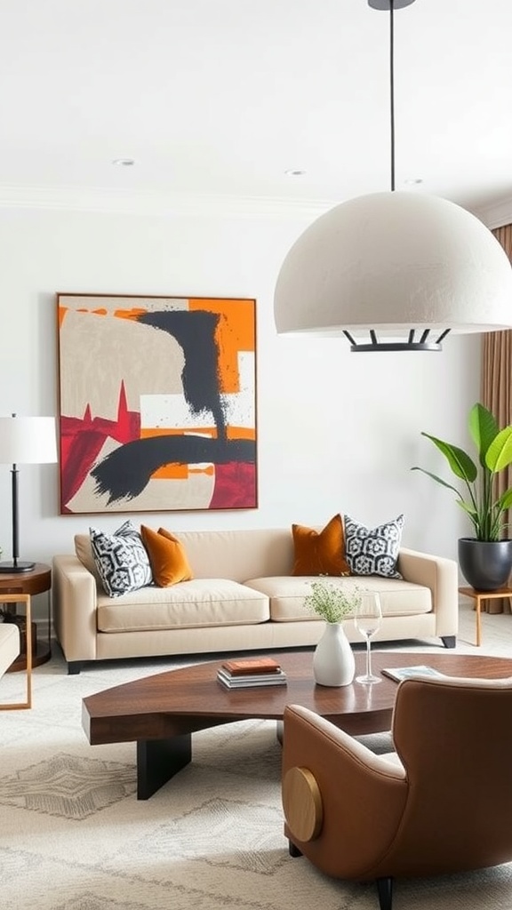 A stylish living room-dining room combo with bold artwork, modern furniture, and warm accents.