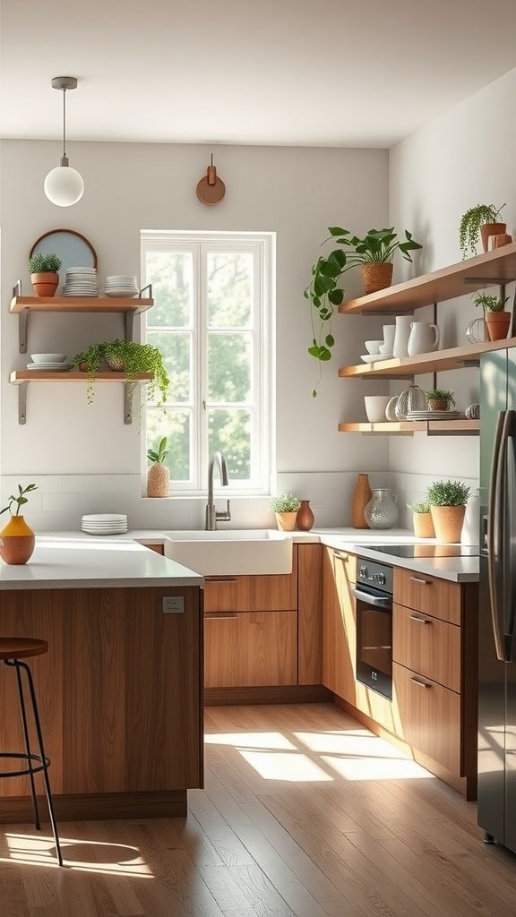 A U-shaped kitchen featuring open wooden shelving, plants, and a bright window.