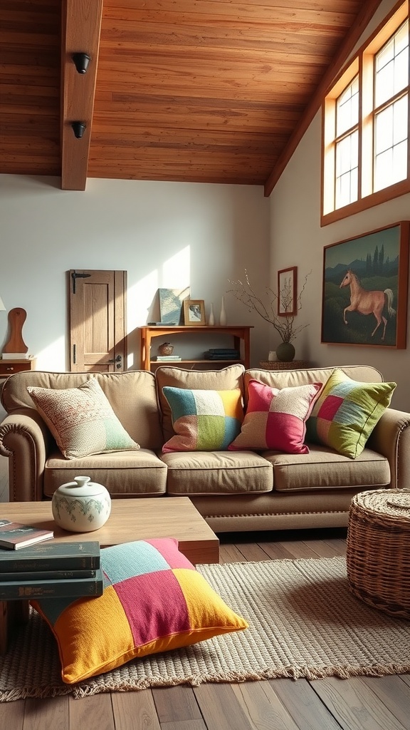 A cozy living room with a beige sofa adorned with colorful patchwork cushions, a wooden table, and warm lighting.