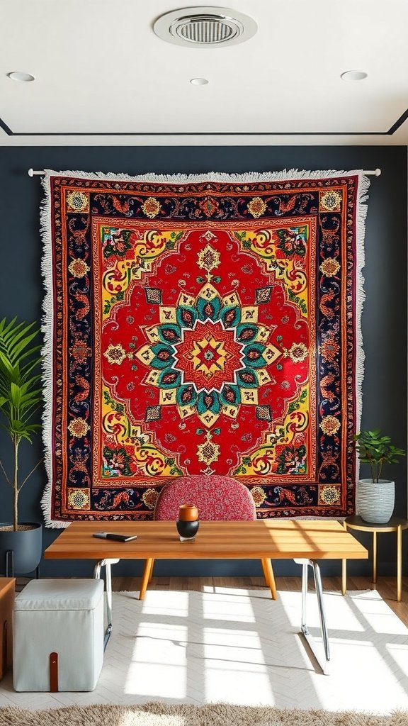 A vibrant Persian rug-inspired wall hanging in a modern office setting.