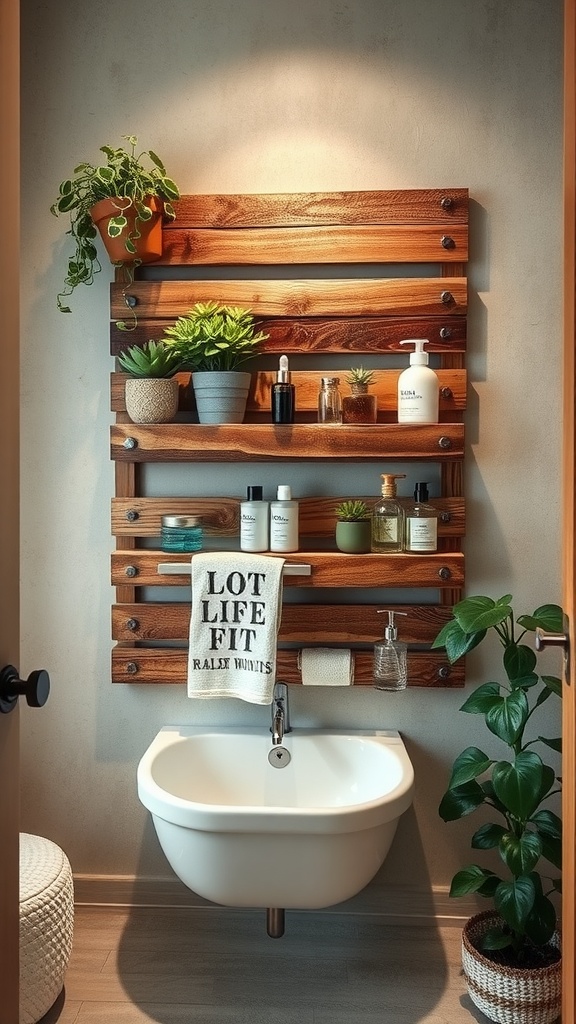 A rustic bed slat wall hanger in a bathroom, displaying plants and toiletries.