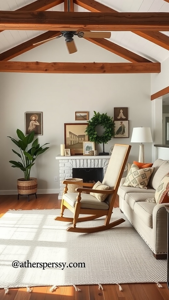 A classic rocking chair in a modern farmhouse living room setting