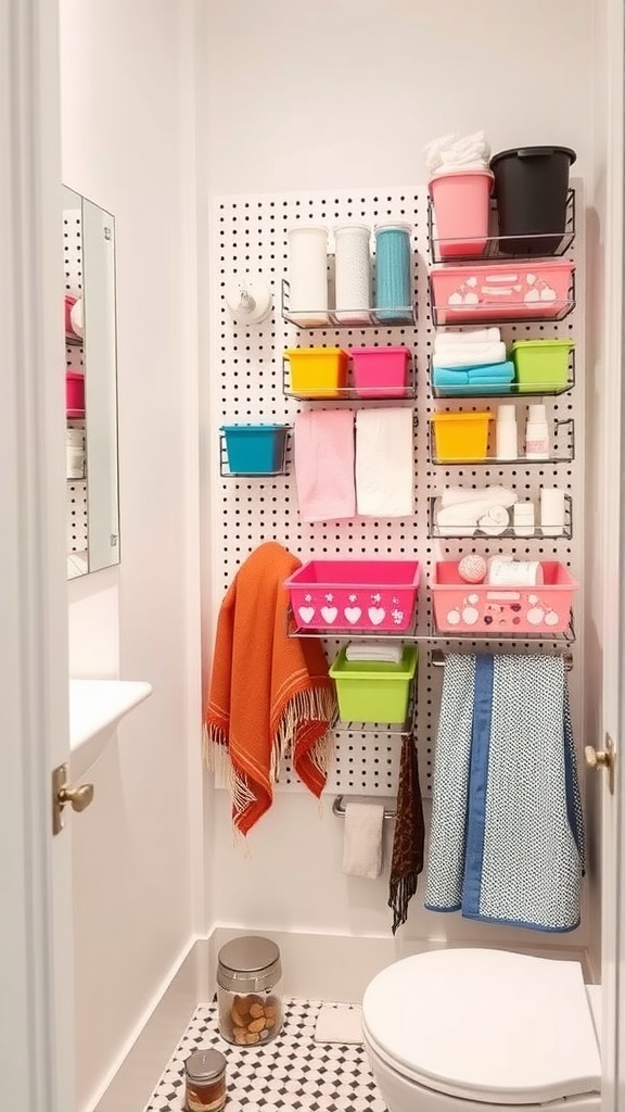 A colorful Skadis pegboard in a small bathroom with various bins and towels for storage.
