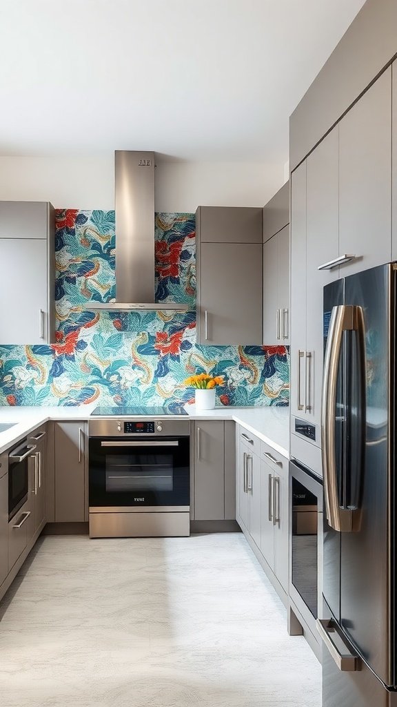 Modern kitchen with a colorful wallpaper backsplash featuring floral patterns and gray cabinetry