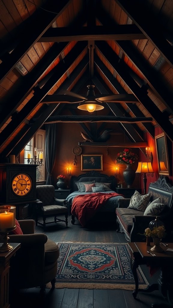 Gothic style attic bedroom with dark wooden beams, warm lighting, and rich colors