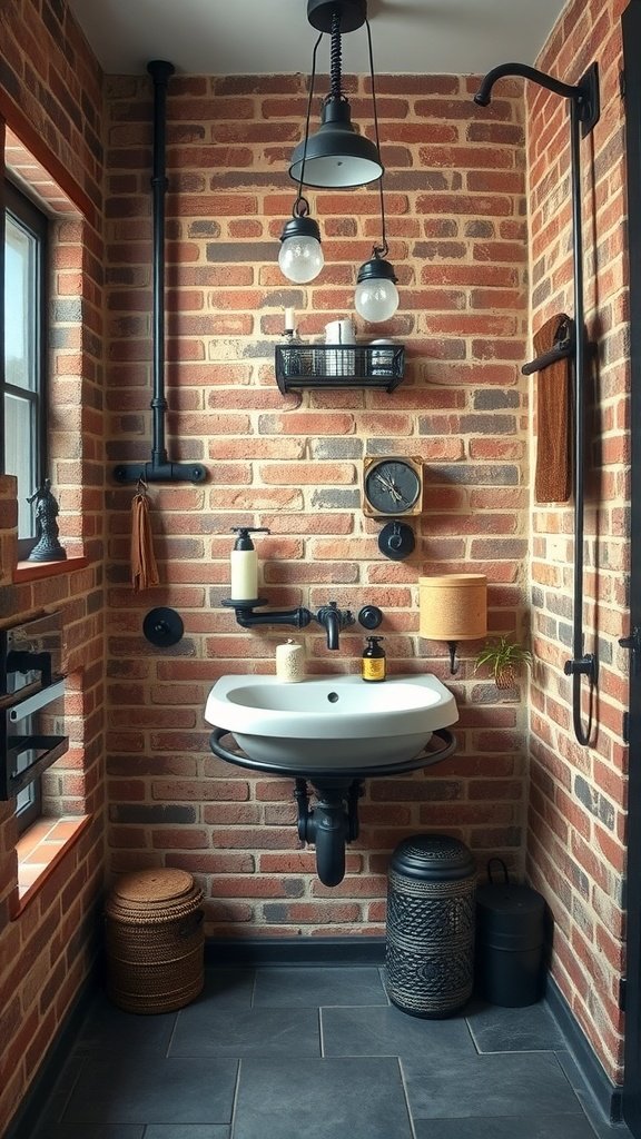 A modern industrial chic bathroom featuring brick walls, a sleek sink, and stylish lighting.