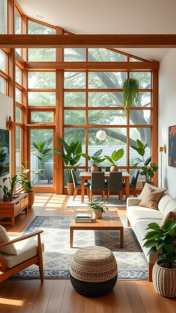 Bright living room and dining area with large windows, wood accents, and plants
