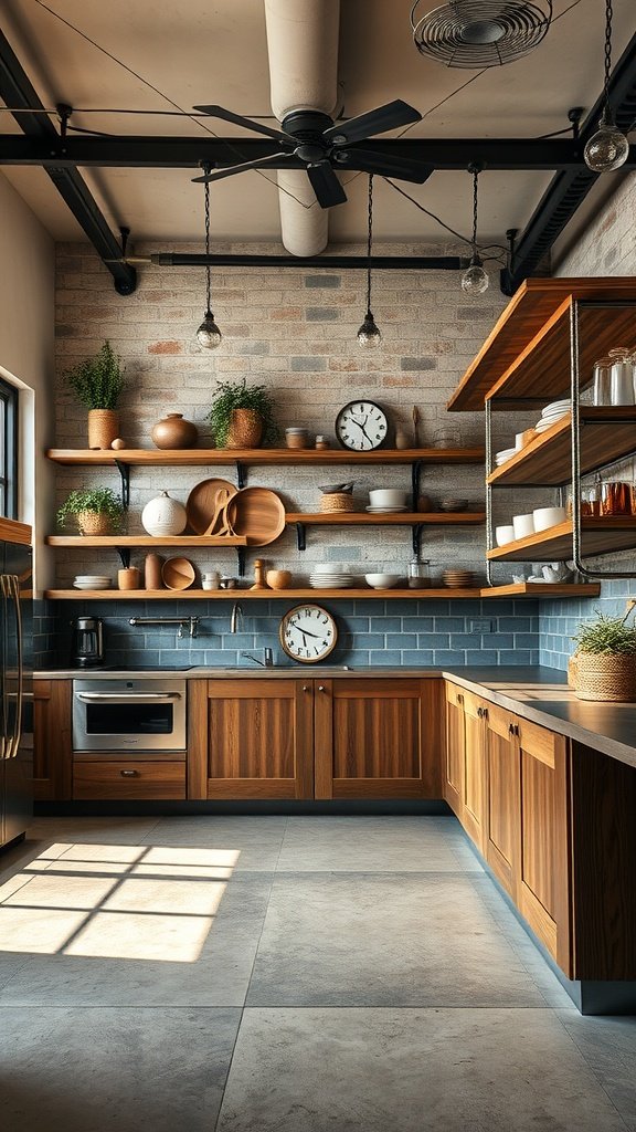 Industrial design kitchen featuring wooden shelves, exposed brick wall, and natural accents.
