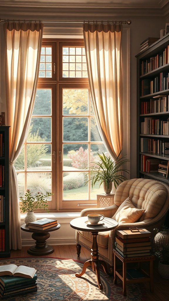 A cozy reading room with large windows, a comfortable chair, a side table with tea, and a bookshelf filled with books, surrounded by soft natural light.