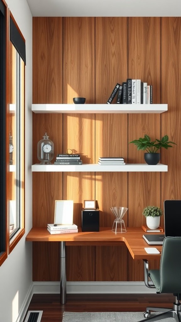 A modern office featuring wood paneling and white shelves, with a minimalist desk and chair.