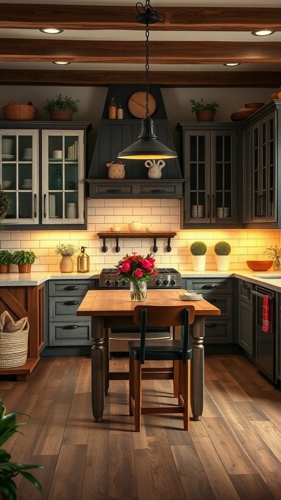 Farmhouse kitchen with dark wood and distressed white cabinets, featuring warm lighting and decorative plants.