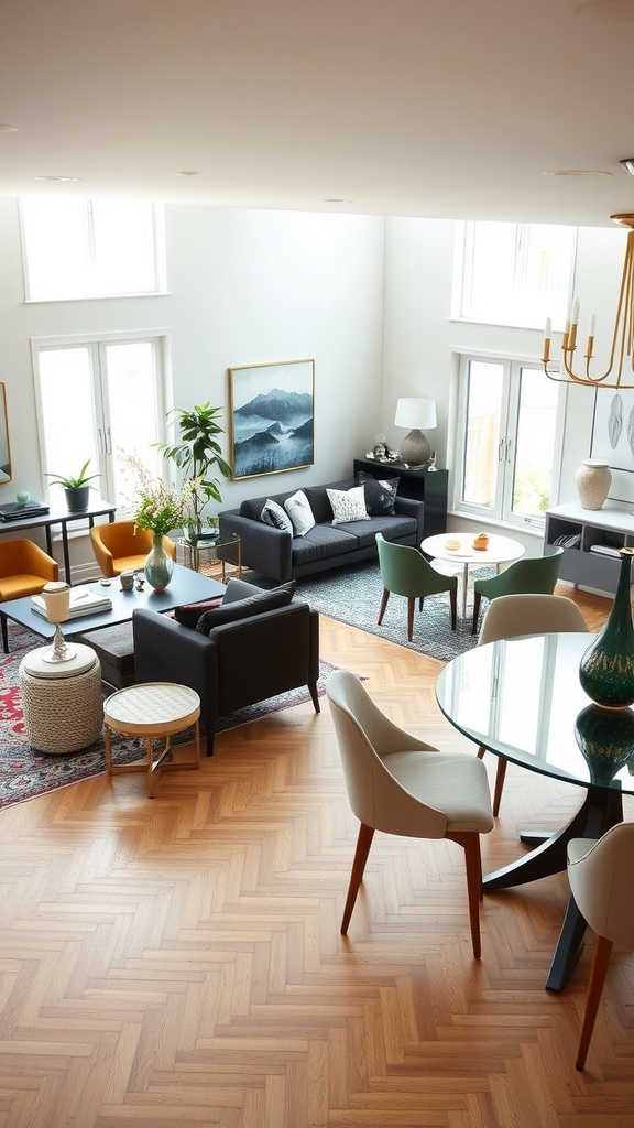 A stylish living room-dining room combo featuring distinct seating areas with a dark sofa and modern dining chairs.