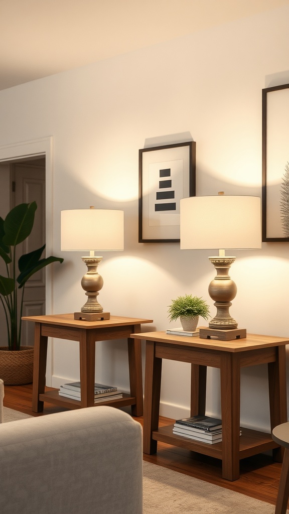 Two stylish farmhouse table lamps on wooden side tables in a modern living room