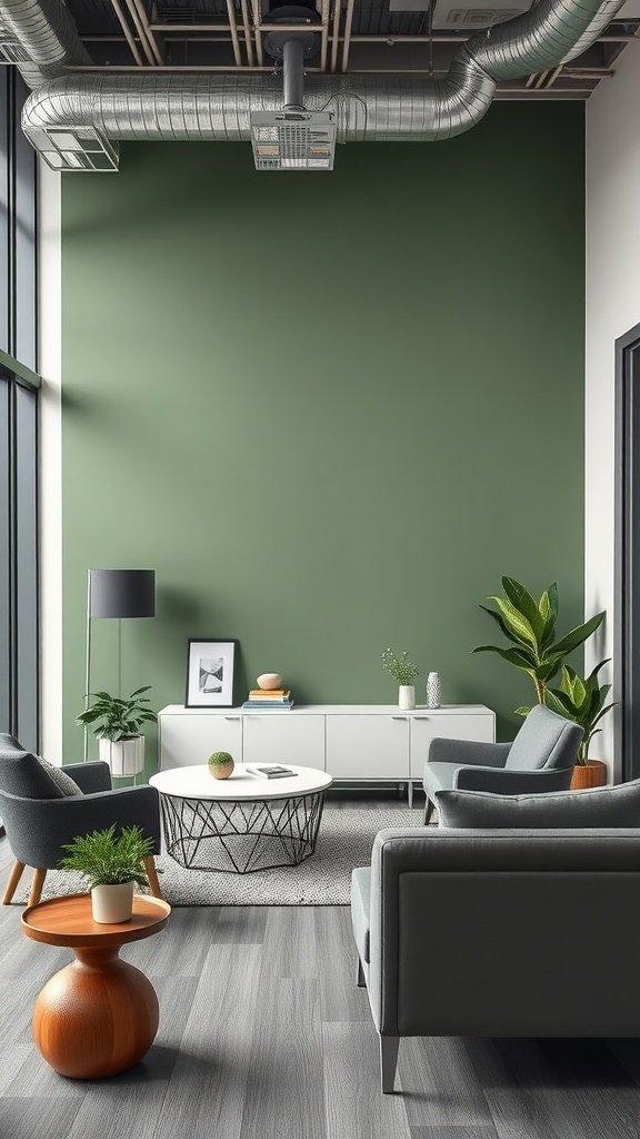 A stylish office space featuring a green-gray accent wall, modern furniture, and plants.