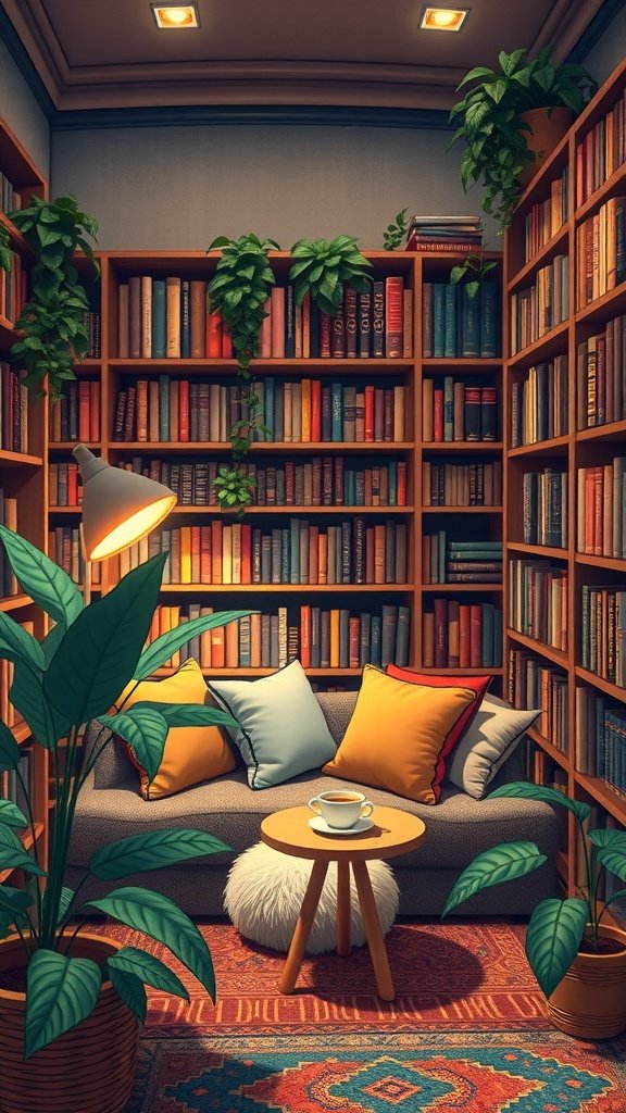 Cozy library room with shelves of books, a sofa with cushions, a coffee cup on a small table, and indoor plants.