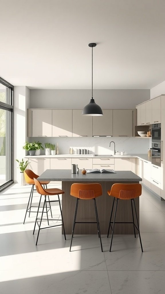 Modern modular kitchen with bar stools, featuring a spacious island and natural light.