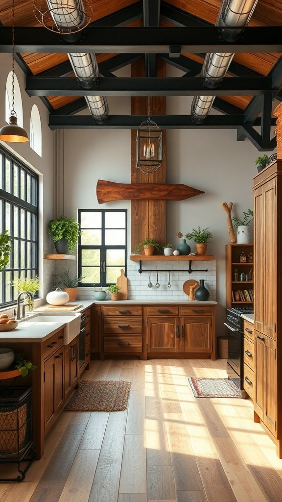 A rustic modern kitchen with wooden cabinets, a large farmhouse sink, and exposed beams, showcasing a cozy and chic design.