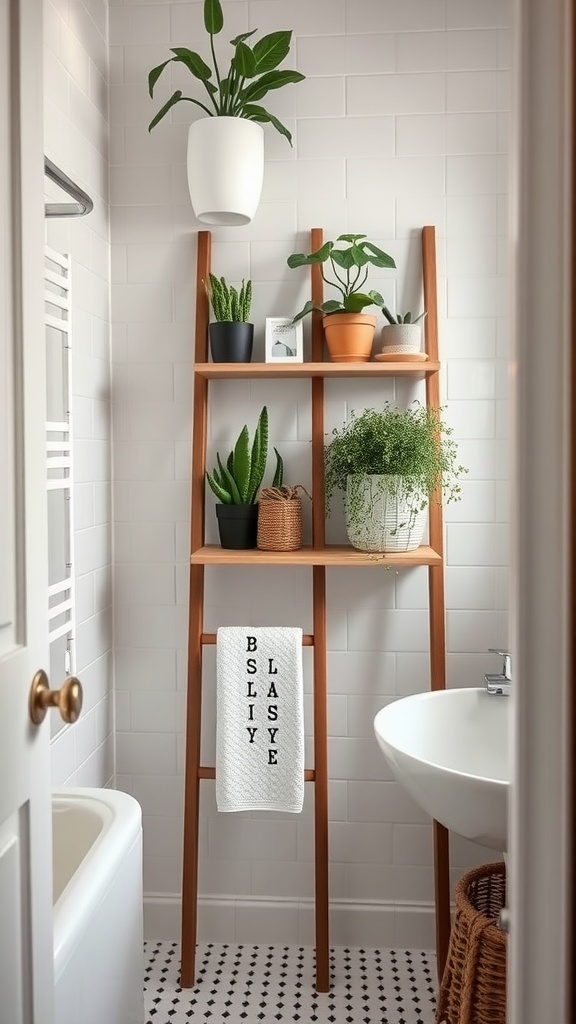 Stylish Ivar shelf turned into a ladder, decorated with plants and a towel in a small bathroom
