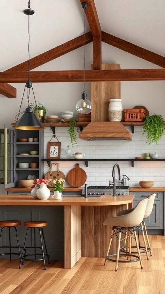 A rustic modern kitchen featuring stylish pendant lights, wooden beams, and warm decor