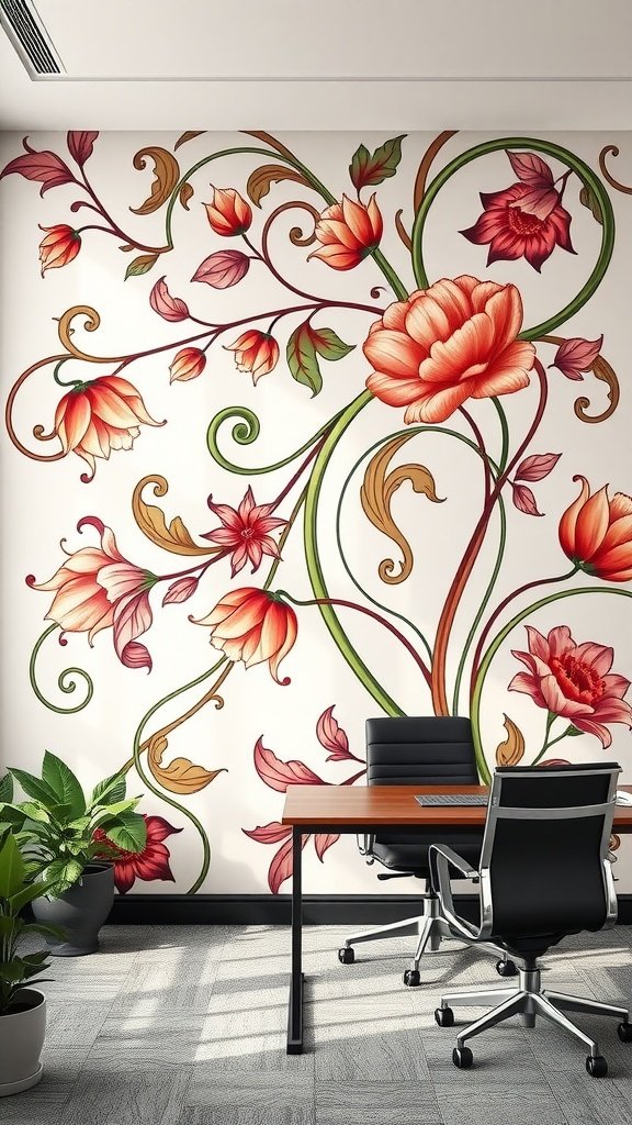 An office wall with vibrant Art Nouveau floral motifs featuring red flowers and green vines, with a wooden desk and black office chairs in front.