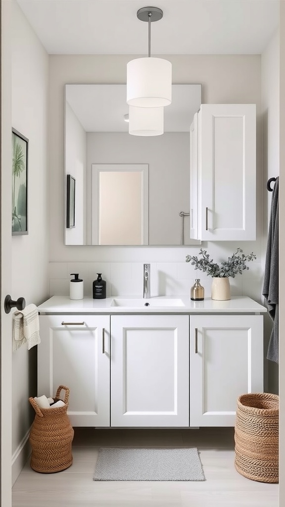 A modern bathroom featuring IKEA Sektion cabinets as a stylish vanity, with a large mirror and decorative elements.