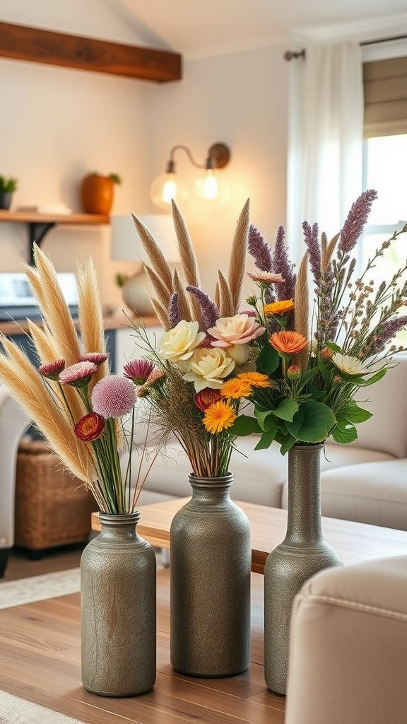 A stylish modern farmhouse living room featuring three vases with fresh and dried floral arrangements.