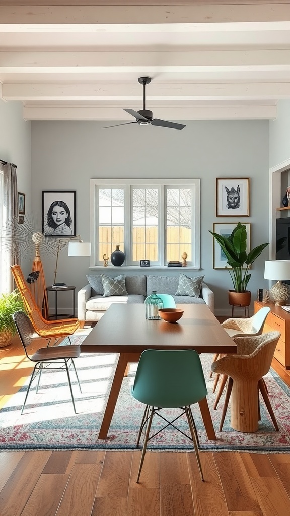 A stylish living room-dining room combo featuring a cozy couch, a wooden dining table with colorful chairs, and artistic wall decor.