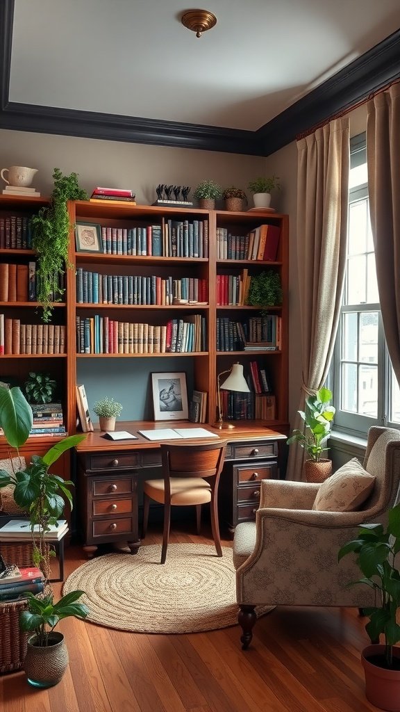 A tranquil study nook featuring wooden bookshelves filled with books, a cozy armchair, a desk, and plants.