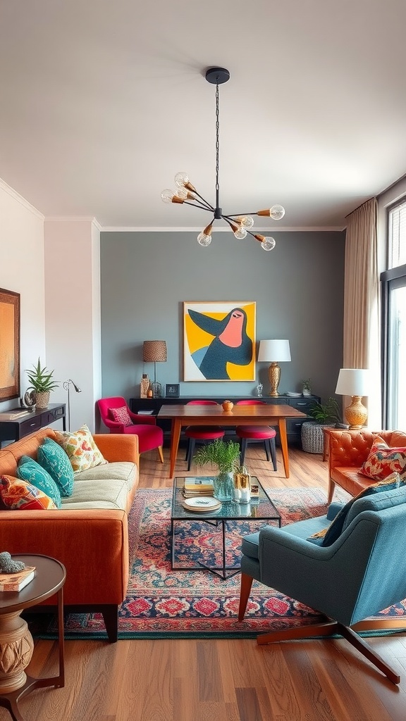 A vibrant living room-dining room combo featuring colorful furniture, modern decor, and a striking artwork.