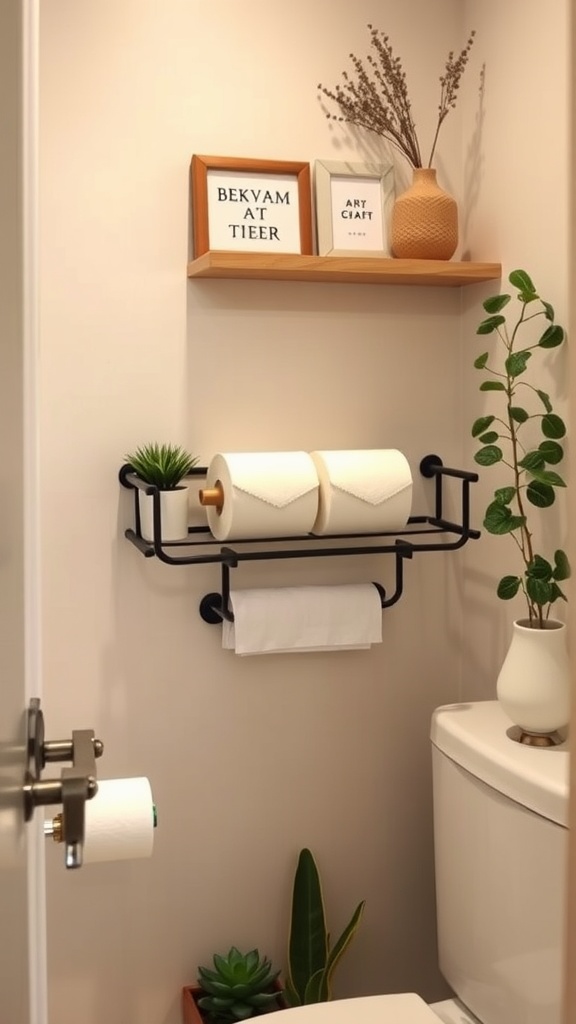 A bathroom setup featuring a Bekvam shelf and toilet roll holder with decorative items and plants.