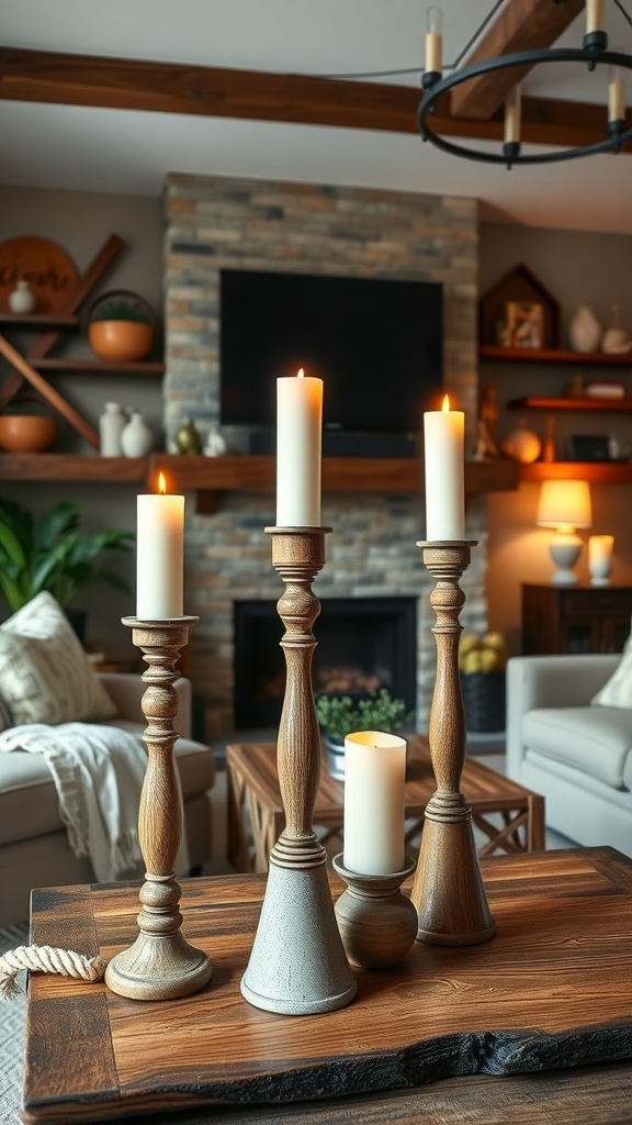 Candlesticks made from repurposed materials on a wooden table in a modern farmhouse living room