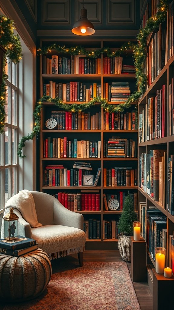 Cozy library room with decorated bookshelves, inviting armchair, and candles for a festive atmosphere.