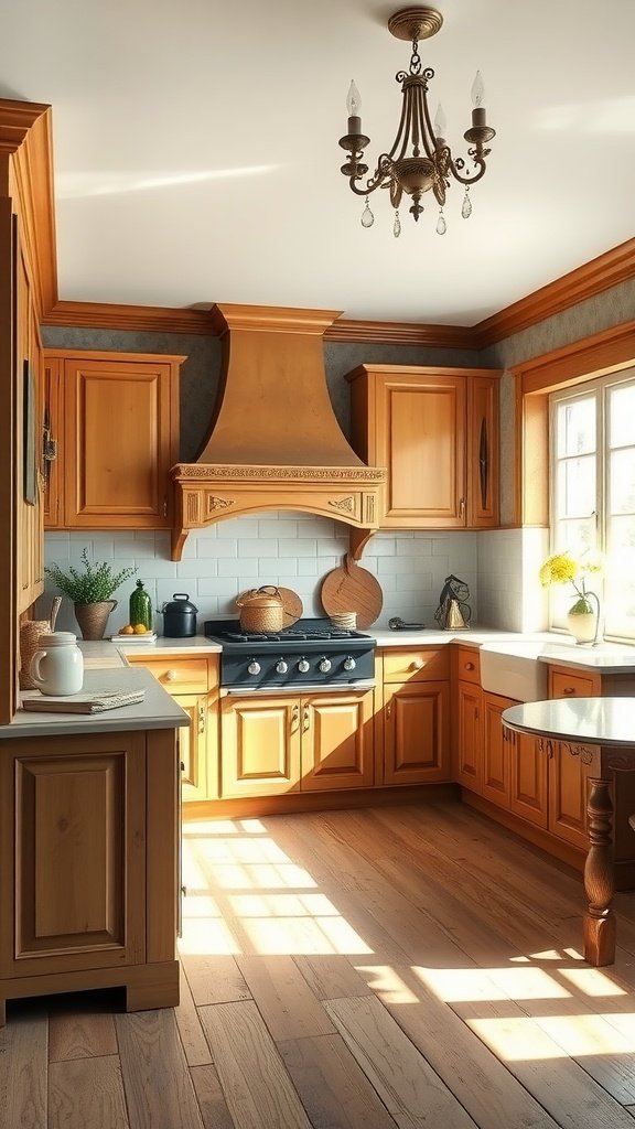 A warm and inviting farmhouse kitchen with wooden cabinets, a decorative range hood, and a cozy atmosphere.